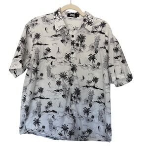 Jogal Tropical Lightweight Vacation Cotton Button Down Preppy White Black L